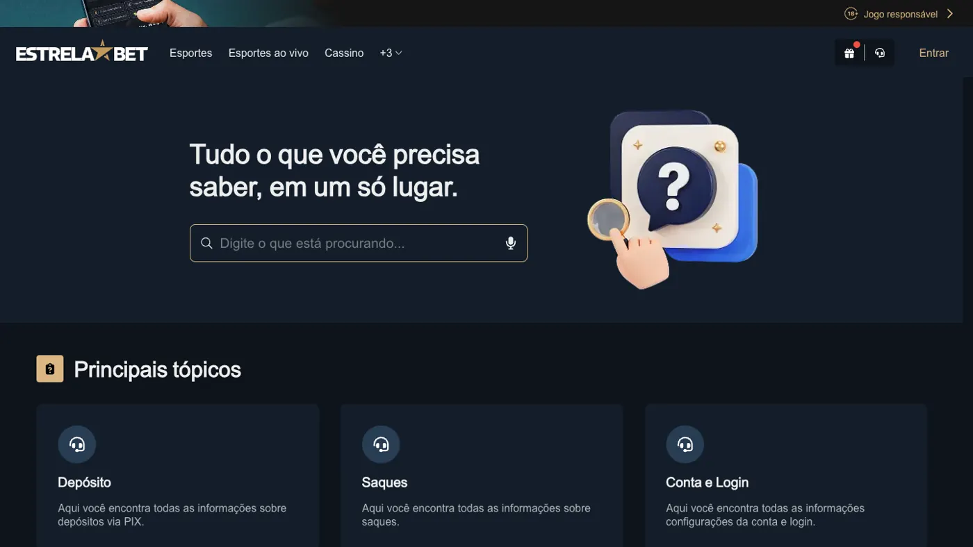 Central de ajuda da EstrelaBet com os tópicos Depósito, Saques e Conta e Login