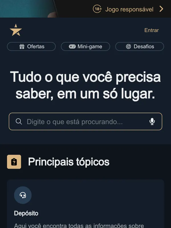 Central de ajuda da EstrelaBet no celular com a busca e o tópico Depósito
