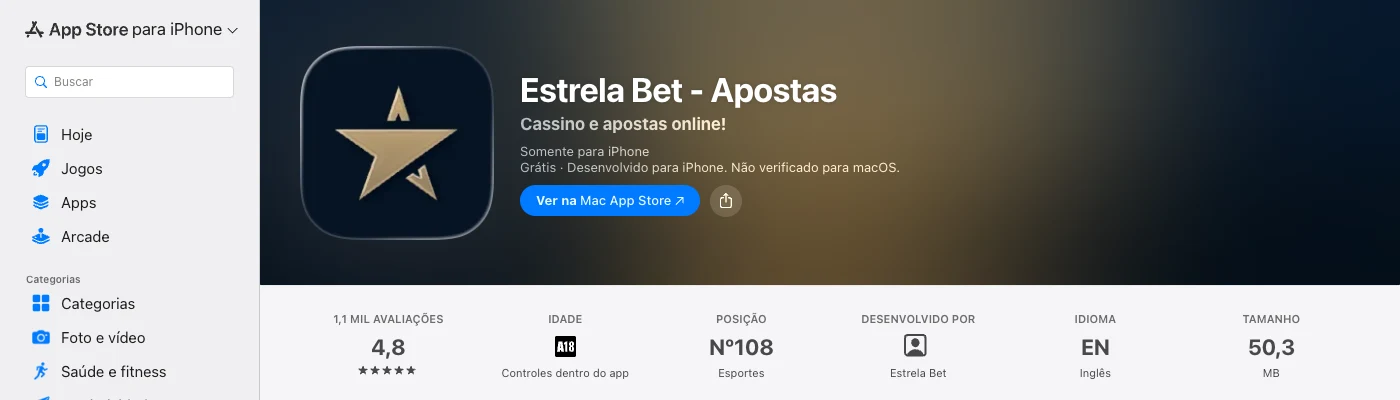Ficha da Estrela Bet - Apostas na App Store, nota 4,8, 1,1 mil avaliações, só para iPhone, 50,3 MB