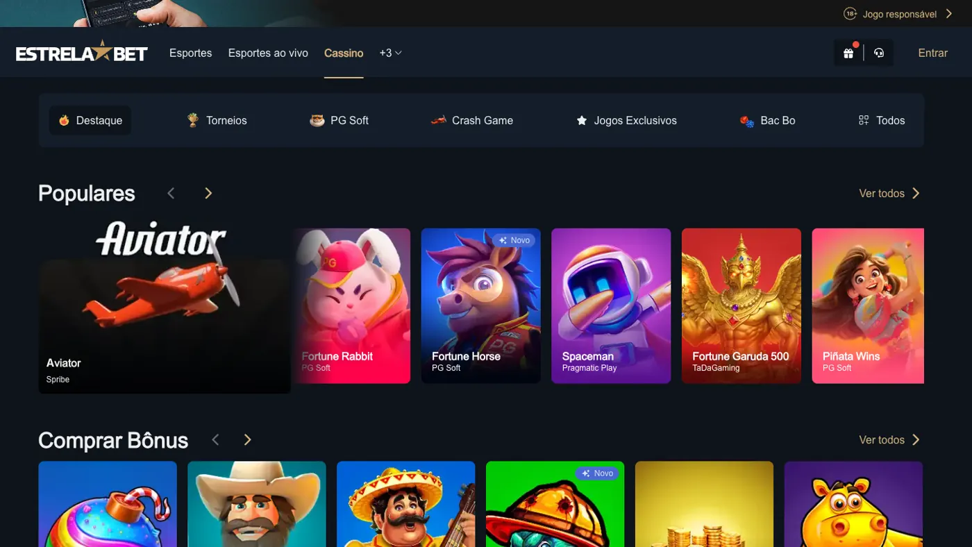 Lobby de cassino da EstrelaBet no computador com Aviator, Fortune Rabbit, Fortune Horse e a seção Comprar Bônus