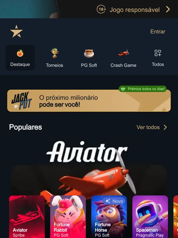 Versão mobile do site da EstrelaBet aberta no navegador do celular, com o lobby do cassino