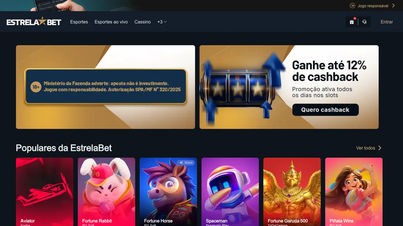 Página inicial da EstrelaBet no computador, com o aviso do Ministério da Fazenda e o banner de cashback de 12%