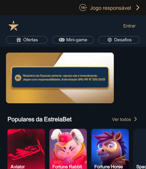 Página inicial da EstrelaBet no celular com o aviso do Ministério da Fazenda
