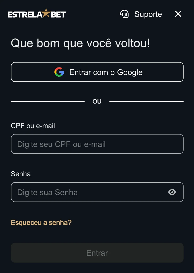 Tela de login da EstrelaBet no celular, com os campos CPF ou e-mail, Senha e o link Esqueceu a senha